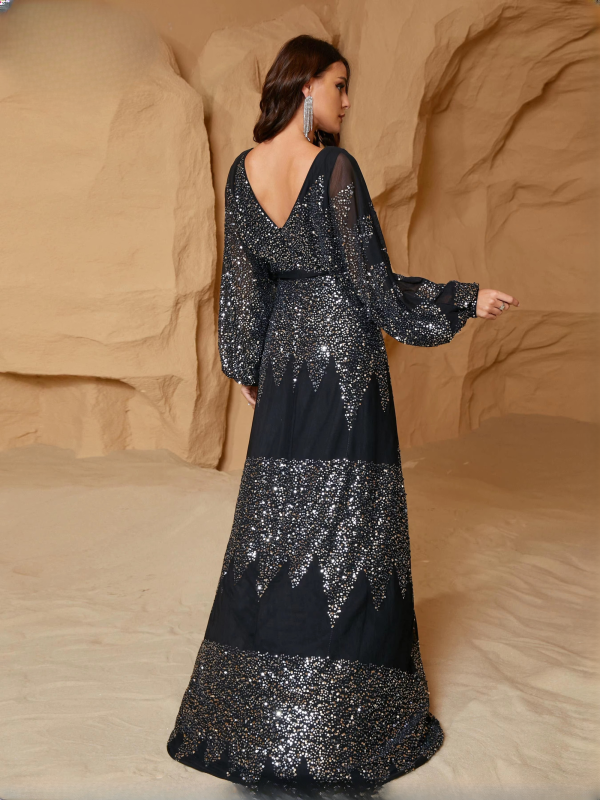 Elegant V Neck Lantern Sleeves Panel Sequin Loose Evening Maxi Dresses - Image 14