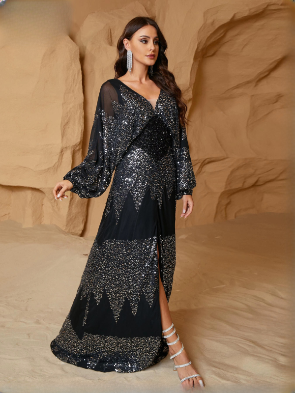 Elegant V Neck Lantern Sleeves Panel Sequin Loose Evening Maxi Dresses - Image 15