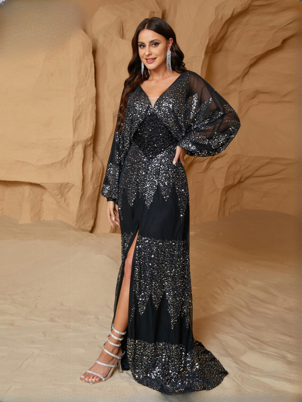 Elegant V Neck Lantern Sleeves Panel Sequin Loose Evening Maxi Dresses - Image 19