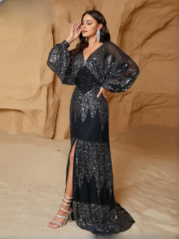 Elegant V Neck Lantern Sleeves Panel Sequin Loose Evening Maxi Dresses - Image 20