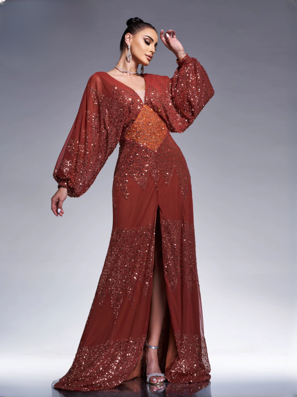 Elegant V Neck Lantern Sleeves Panel Sequin Loose Evening Maxi Dresses - Image 21