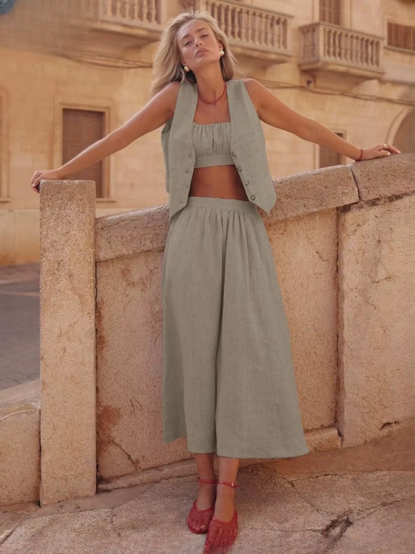 Casual Sleeveless Tank Top + Crop Top With High Waist Long Skirt 3 Piece Set