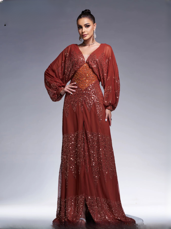 Elegant V Neck Lantern Sleeves Panel Sequin Loose Evening Maxi Dresses - Image 23