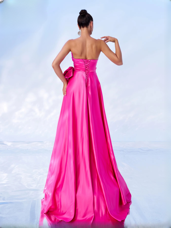 Luxury Slash Neck Strapless Rosered Lace Split Evening Maxi Dress - Image 6