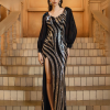 Elegant V Neck Stripe Lantern Sleeve Sequin Split Formal Long Dresses