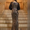 Elegant V Neck Stripe Lantern Sleeve Sequin Split Formal Long Dresses - Image 5