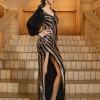 Elegant V Neck Stripe Lantern Sleeve Sequin Split Formal Long Dresses - Image 3