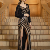 Elegant V Neck Stripe Lantern Sleeve Sequin Split Formal Long Dresses - Image 4