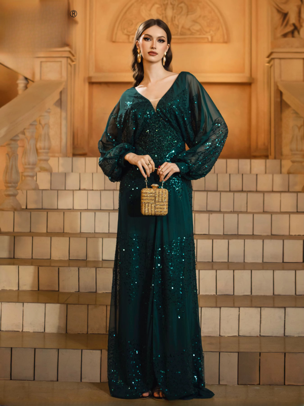 Elegant V Neck Lantern Sleeves Panel Sequin Loose Evening Maxi Dresses - Image 3