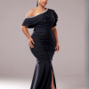 Elegant Plus Size One Shoulder Ruched Split High Quality Graduation Dress - Image 2