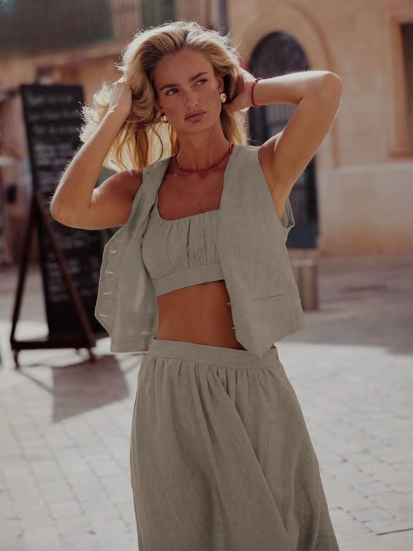 Casual Sleeveless Tank Top + Crop Top With High Waist Long Skirt 3 Piece Set - Image 6