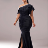 Elegant Plus Size One Shoulder Ruched Split High Quality Graduation Dress - Image 4