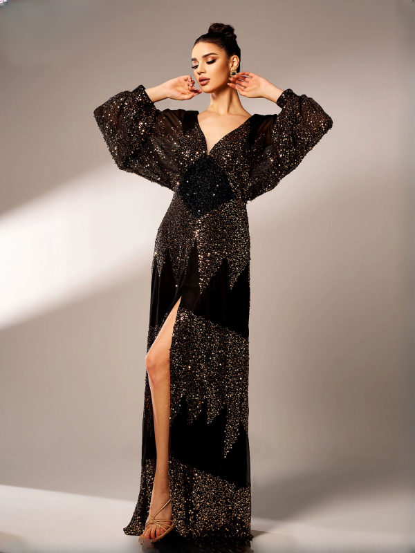 Elegant V Neck Lantern Sleeves Panel Sequin Loose Evening Maxi Dresses - Image 7