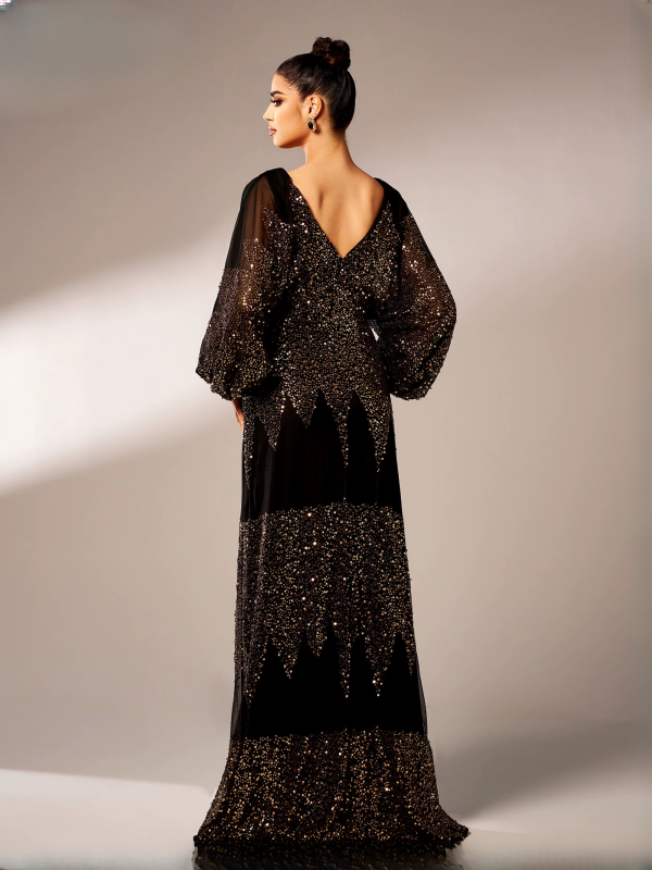 Elegant V Neck Lantern Sleeves Panel Sequin Loose Evening Maxi Dresses - Image 8