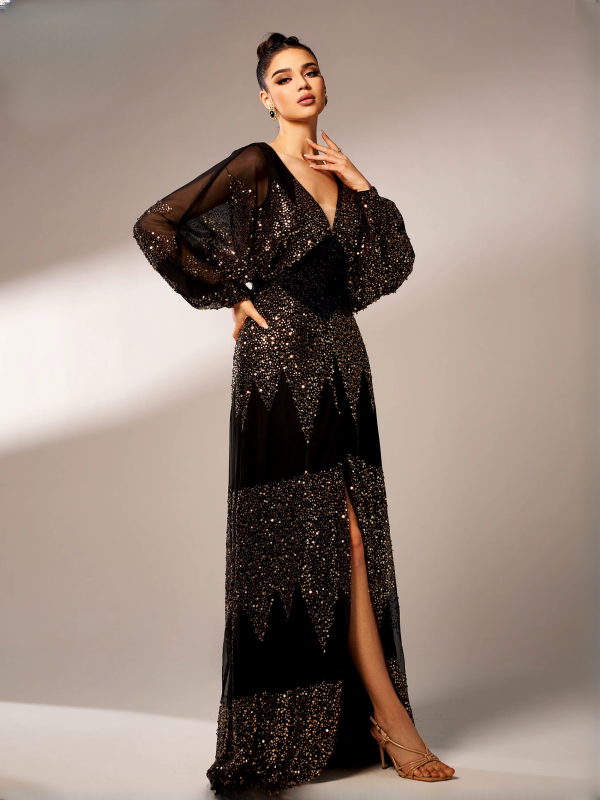 Elegant V Neck Lantern Sleeves Panel Sequin Loose Evening Maxi Dresses - Image 9