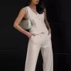 Asymmetrical V-neck Buttons Sleeveless Top And Straight Pants Two Piece Set - Image 2