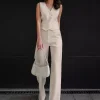Asymmetrical V-neck Buttons Sleeveless Top And Straight Pants Two Piece Set - Image 3