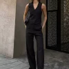 Asymmetrical V-neck Buttons Sleeveless Top And Straight Pants Two Piece Set - Image 4
