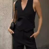 Asymmetrical V-neck Buttons Sleeveless Top And Straight Pants Two Piece Set - Image 5