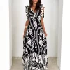 Bohemian Printed Ruffles Lace Up V-Neck Tie Shoulder Straps Maxi Dress - Image 2