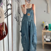 Casual Large Loose and Slim Retro One Piece Pants Embroidered Denim Strap Jumpsuits