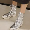 Casual Sequined Ankle Flat Daily Casual Round Toe Lace Up Booties - Image 8