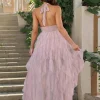 Elegant Halter Neck Ruffled With High Slit And Deep V-neck Maxi Dress - Image 12