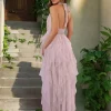 Elegant Halter Neck Ruffled With High Slit And Deep V-neck Maxi Dress - Image 13