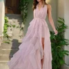Elegant Halter Neck Ruffled With High Slit And Deep V-neck Maxi Dress - Image 14
