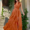 Elegant Halter Neck Ruffled With High Slit And Deep V-neck Maxi Dress - Image 5