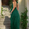 Elegant Halter Neck Ruffled With High Slit And Deep V-neck Maxi Dress - Image 9