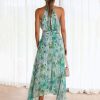 Elegant Layered Pleated Floral Sleeveless Halter Print Maxi Dresses - Image 8