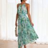 Elegant Layered Pleated Floral Sleeveless Halter Print Maxi Dresses - Image 5