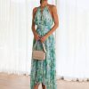 Elegant Layered Pleated Floral Sleeveless Halter Print Maxi Dresses - Image 3