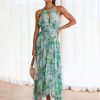 Elegant Layered Pleated Floral Sleeveless Halter Print Maxi Dresses - Image 2