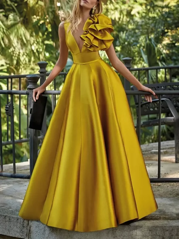 Elegant V-Neck Floor-Length Sleeveless Zipper Flowers Satin Ball Gown