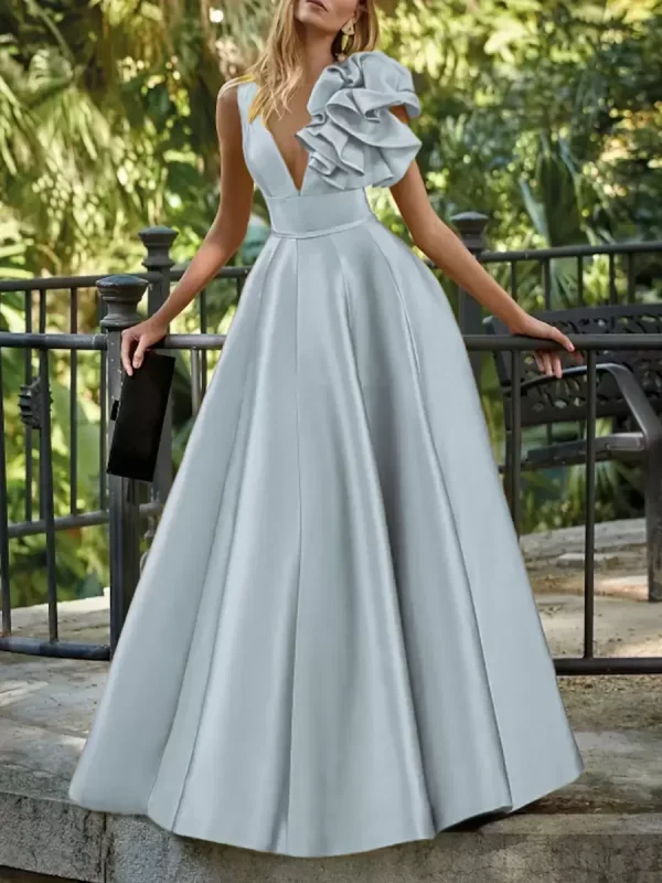 Elegant V-Neck Floor-Length Sleeveless Zipper Flowers Satin Ball Gown - Image 10