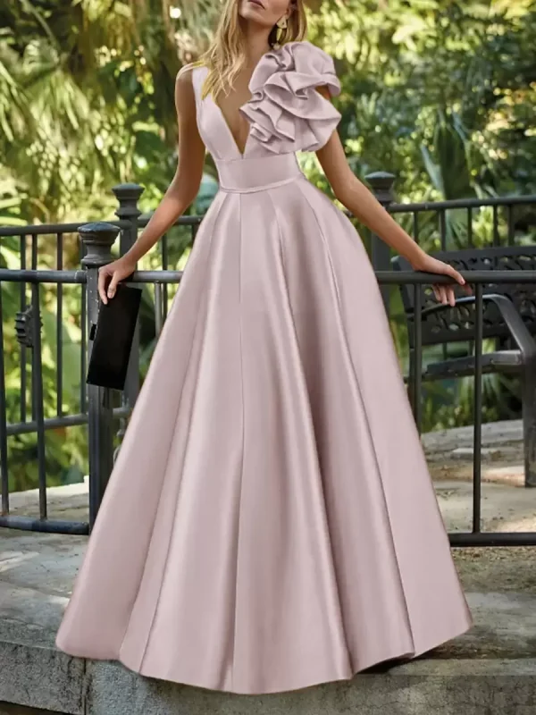 Elegant V-Neck Floor-Length Sleeveless Zipper Flowers Satin Ball Gown - Image 11