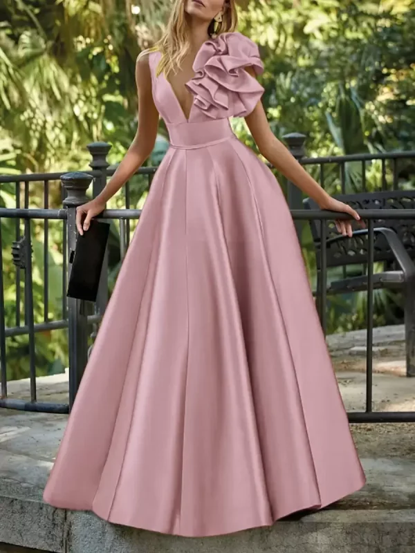 Elegant V-Neck Floor-Length Sleeveless Zipper Flowers Satin Ball Gown - Image 12