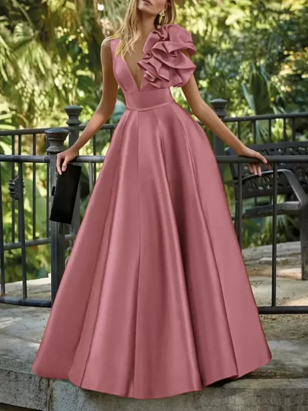 Elegant V-Neck Floor-Length Sleeveless Zipper Flowers Satin Ball Gown - Image 13