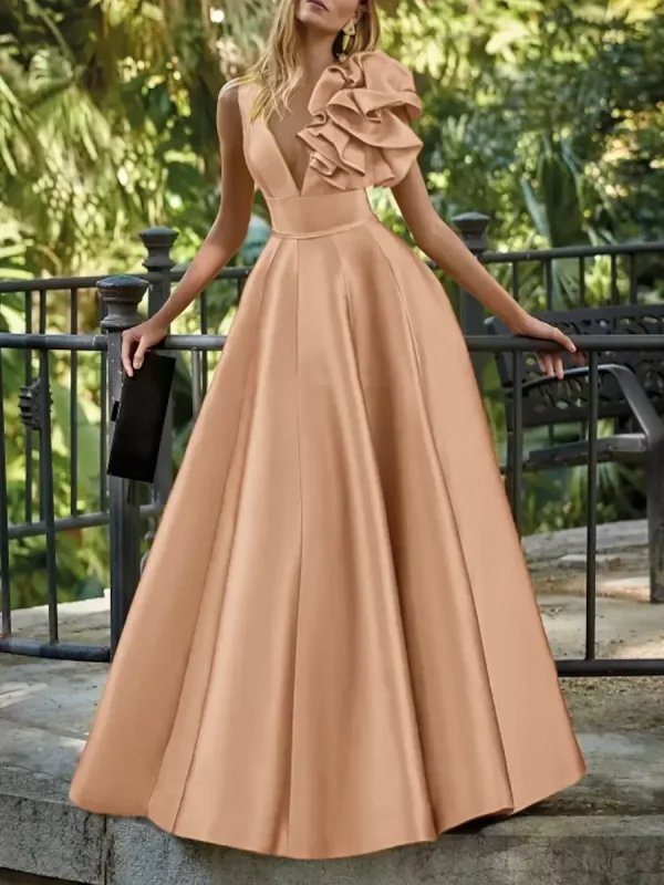 Elegant V-Neck Floor-Length Sleeveless Zipper Flowers Satin Ball Gown - Image 14