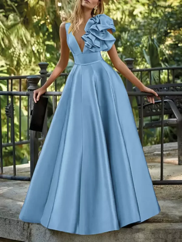 Elegant V-Neck Floor-Length Sleeveless Zipper Flowers Satin Ball Gown - Image 15