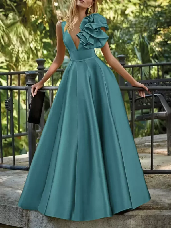 Elegant V-Neck Floor-Length Sleeveless Zipper Flowers Satin Ball Gown - Image 16