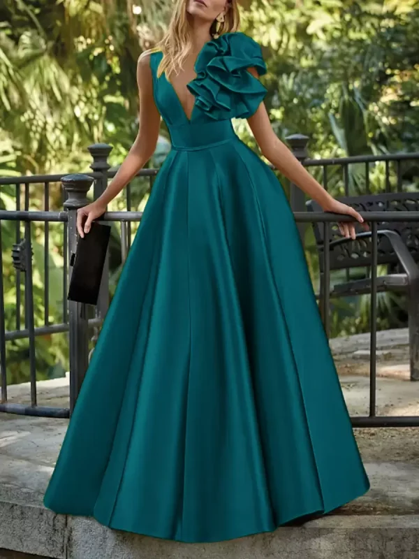 Elegant V-Neck Floor-Length Sleeveless Zipper Flowers Satin Ball Gown - Image 17