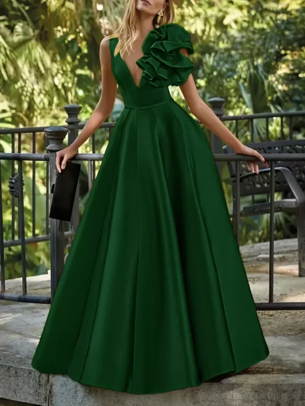 Elegant V-Neck Floor-Length Sleeveless Zipper Flowers Satin Ball Gown - Image 18