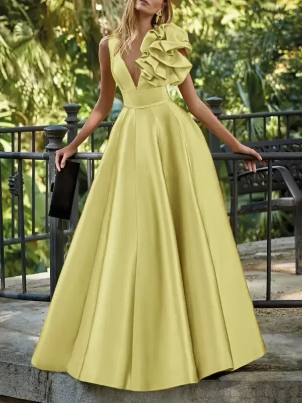 Elegant V-Neck Floor-Length Sleeveless Zipper Flowers Satin Ball Gown - Image 4