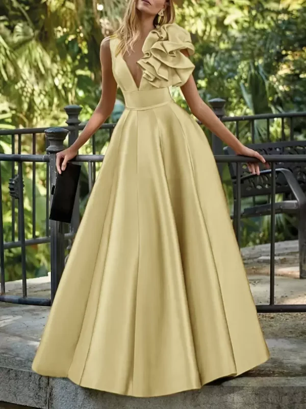 Elegant V-Neck Floor-Length Sleeveless Zipper Flowers Satin Ball Gown - Image 5