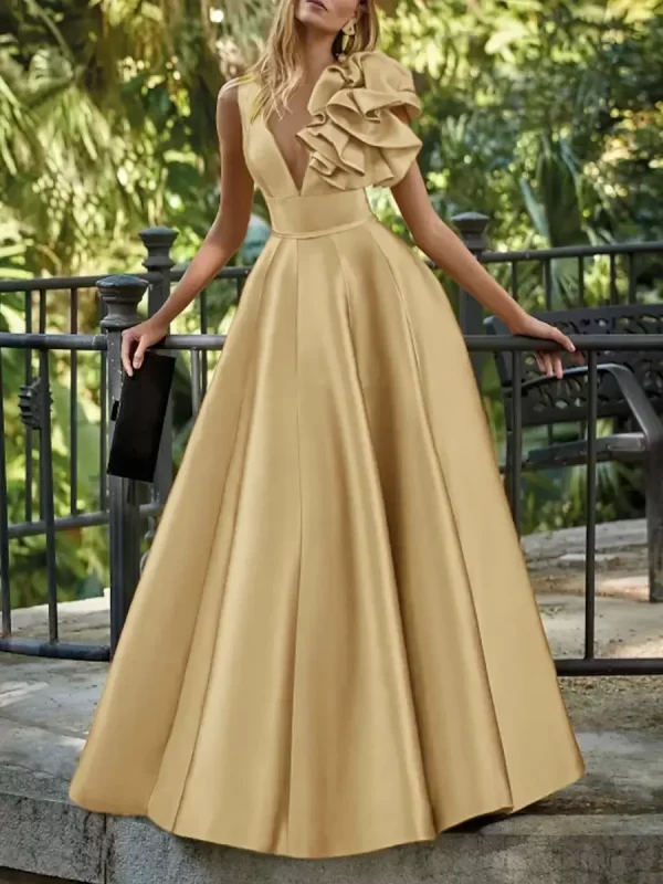 Elegant V-Neck Floor-Length Sleeveless Zipper Flowers Satin Ball Gown - Image 6