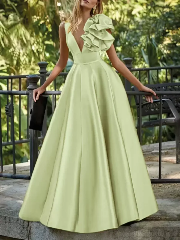 Elegant V-Neck Floor-Length Sleeveless Zipper Flowers Satin Ball Gown - Image 8