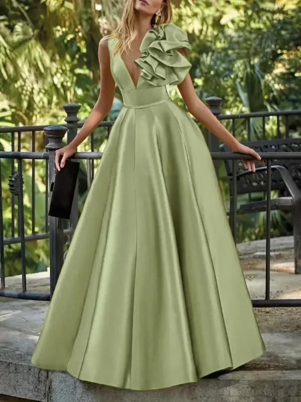 Elegant V-Neck Floor-Length Sleeveless Zipper Flowers Satin Ball Gown - Image 9